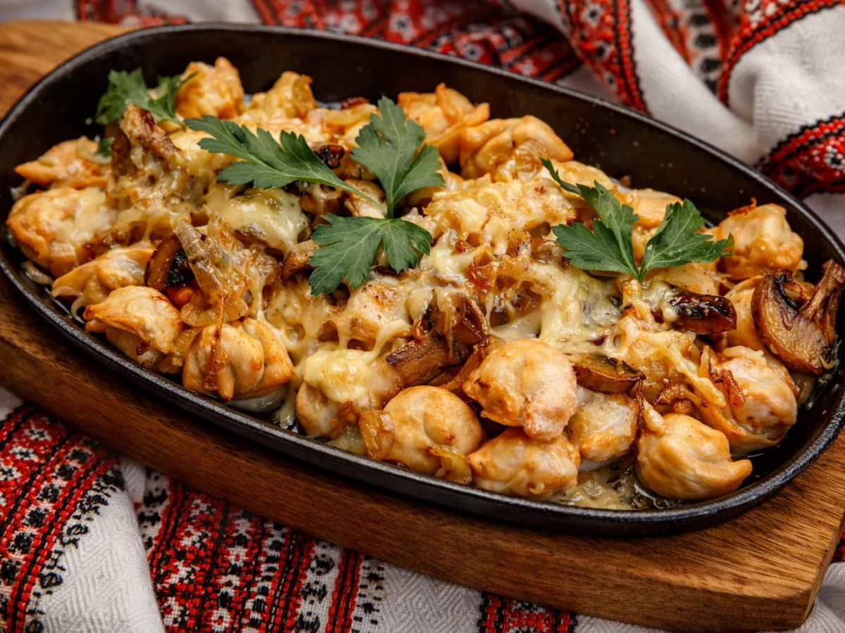 Пельмени, запеченные с грибами и сливками