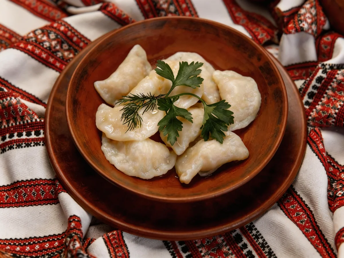 Вареники с картофелем, белыми грибами и сметаной