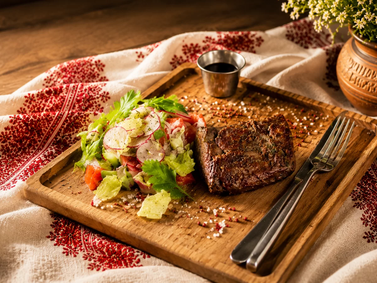 Стейк из говяжьей вырезки со свежим салатом и мясным соусом